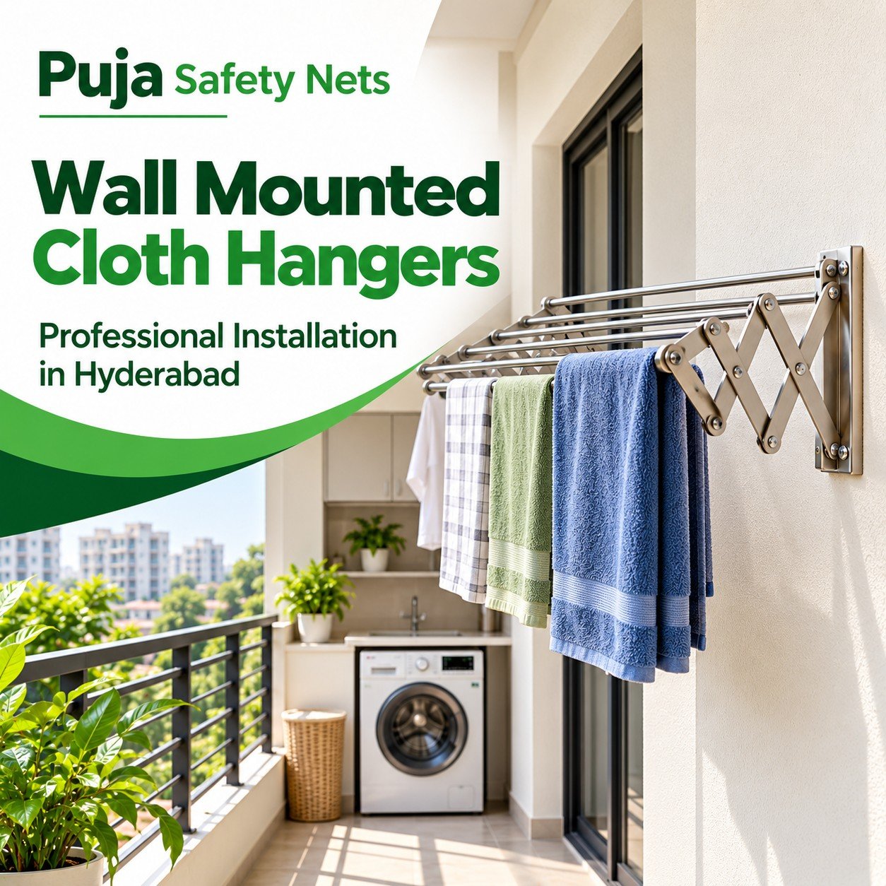 Wall mounted cloth hangers – professional installation in Hyderabad by Puja Safety Nets