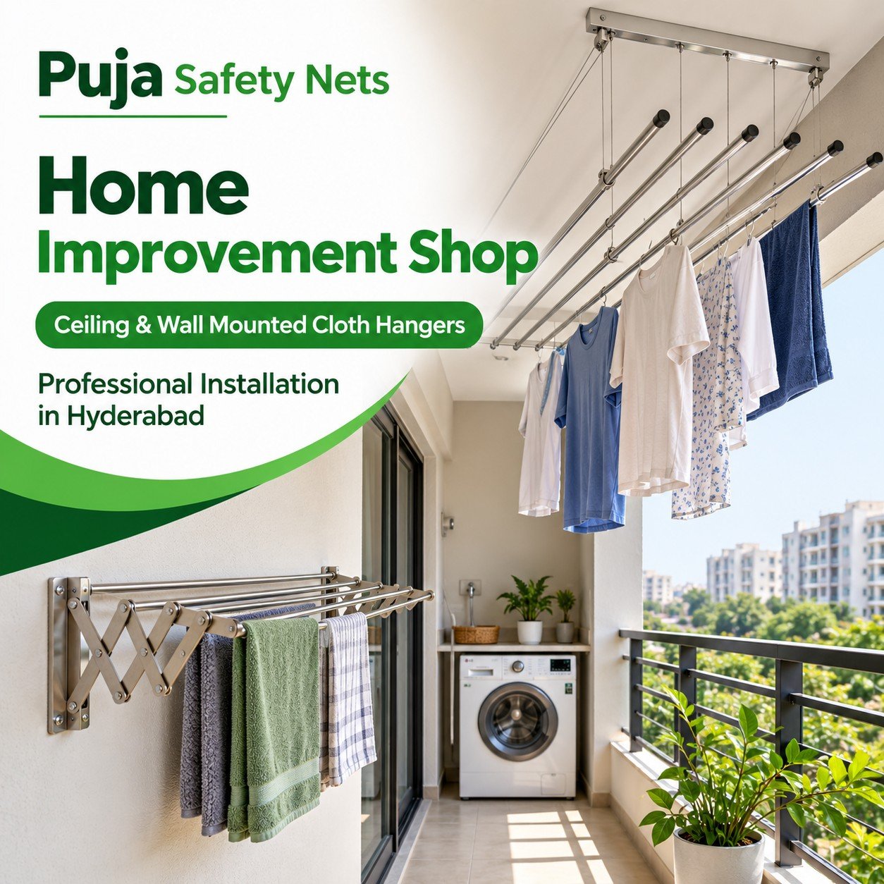 Ceiling and wall mounted cloth hangers – professional installation in Hyderabad by Puja Safety Nets